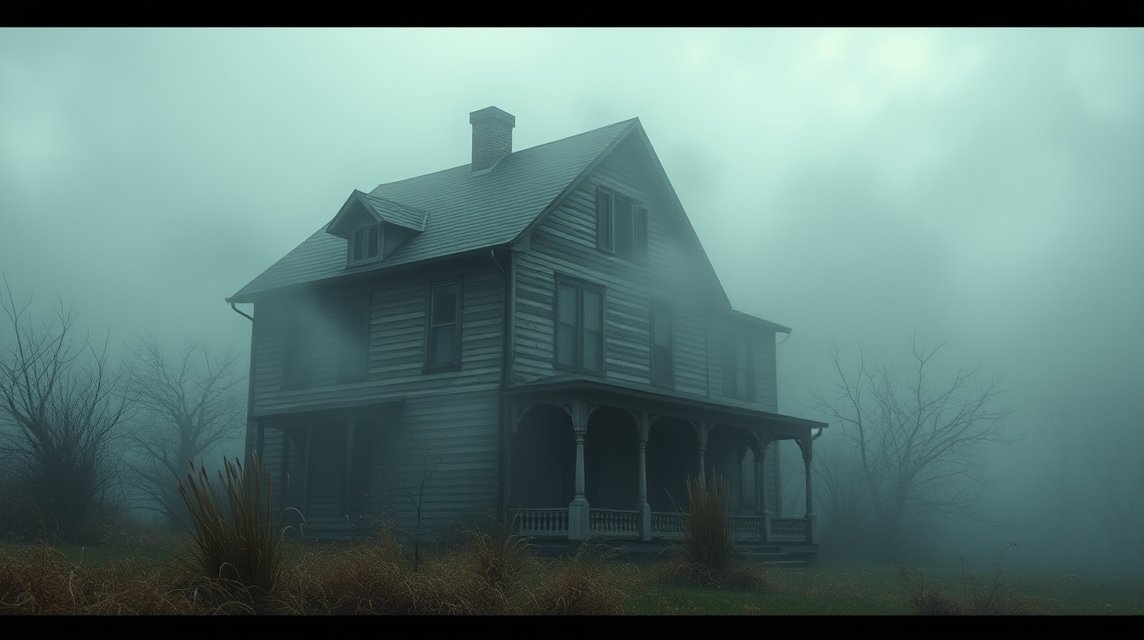 Casa vecchia avvolta nella nebbia, simbolo di nostalgia e memoria.
