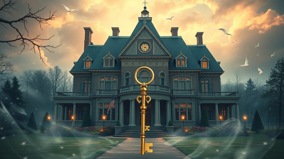 Una grande casa con una chiave dorata simboleggia ambizione e ricchezza.