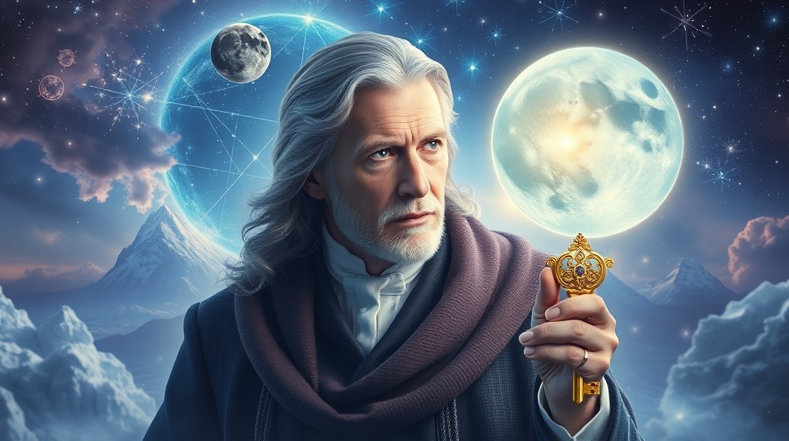 Uomo con chiave dorata sotto un cielo stellato e lunare