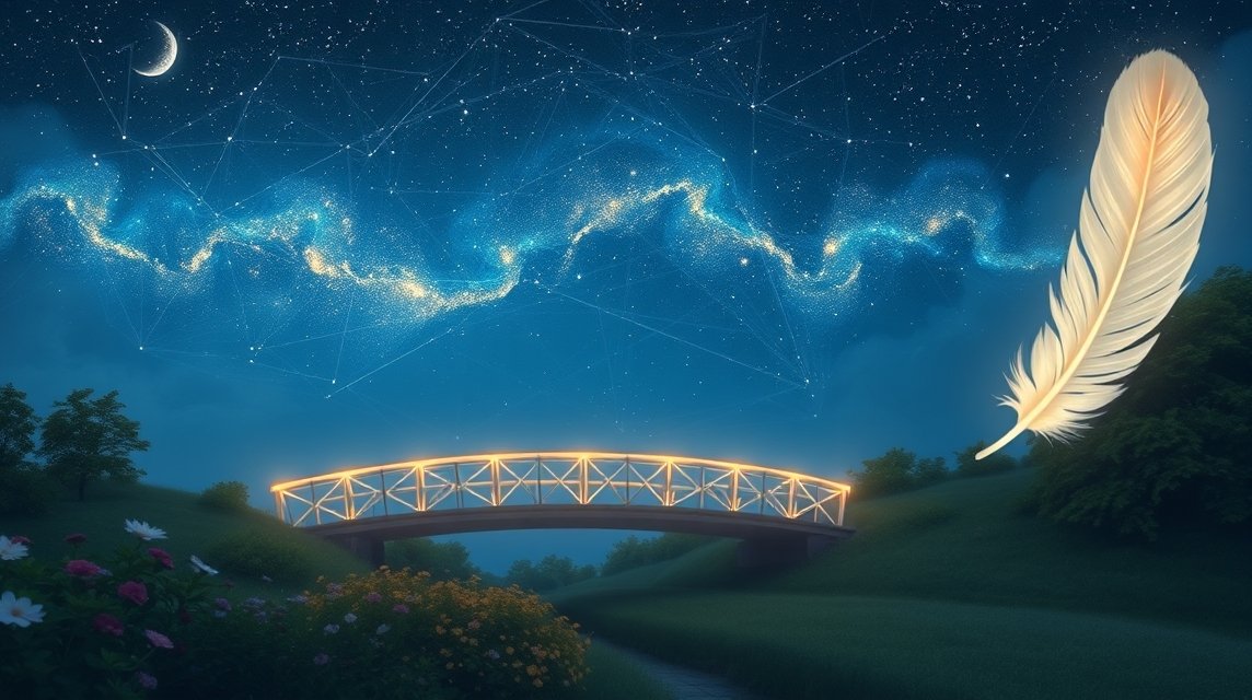 Un ponte illuminato sotto un cielo stellato e una piuma simbolica.
