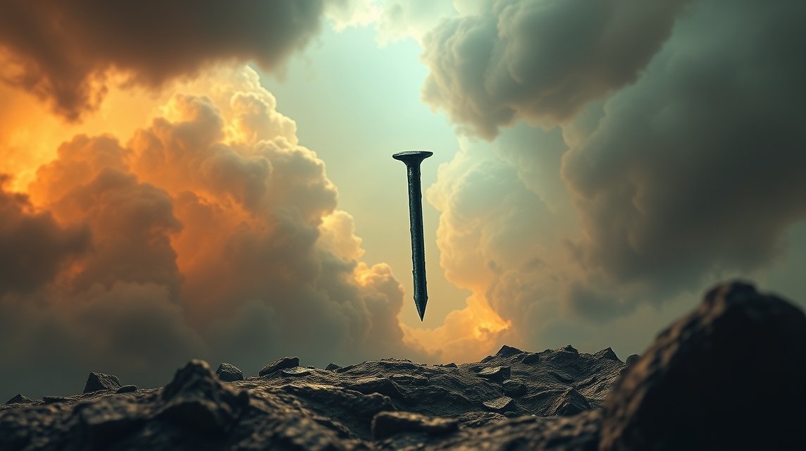 Chiodo sospeso in un cielo drammatico simbolizza vulnerabilità e perdita di protezione.