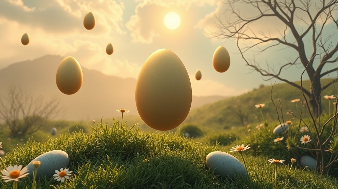 Uova che fluttuano in un paesaggio naturale, simbolo di fecondità.