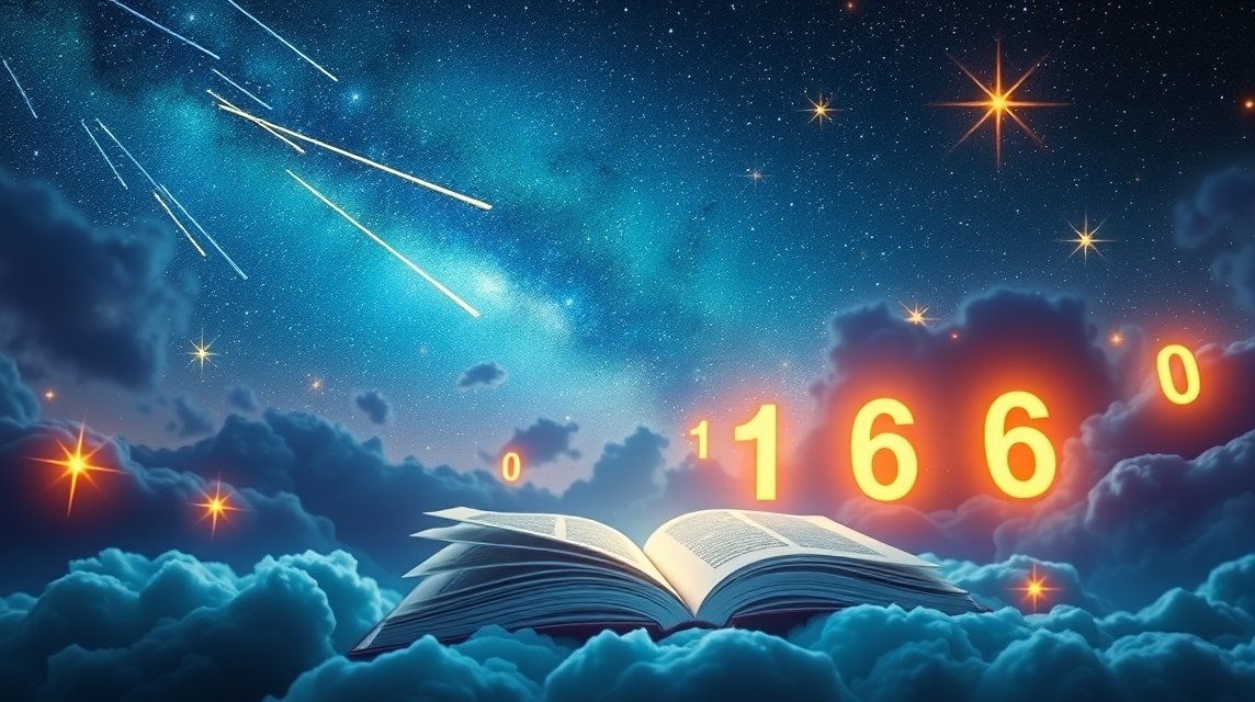 Libro aperto sotto un cielo stellato con stelle cadenti e numeri Lotto