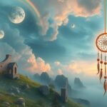 Amuletto dei sogni in un paesaggio spirituale con edifici e pianeti