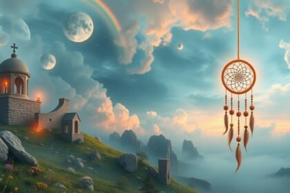 Amuletto dei sogni in un paesaggio spirituale con edifici e pianeti