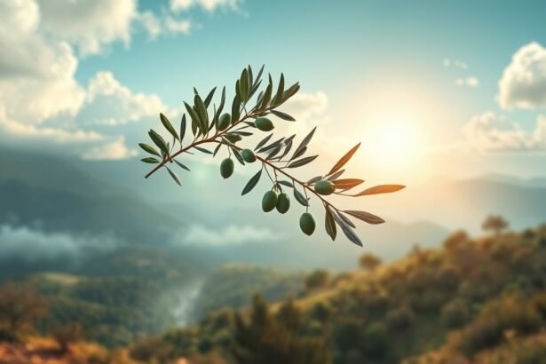 Ramo d'ulivo con frutti verdi in un paesaggio sereno