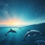 Delfini che nuotano in acque tranquille sotto le stelle