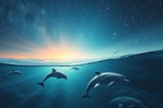 Delfini che nuotano in acque tranquille sotto le stelle