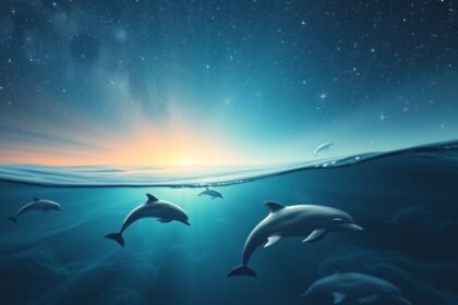 Delfini che nuotano in acque tranquille sotto le stelle