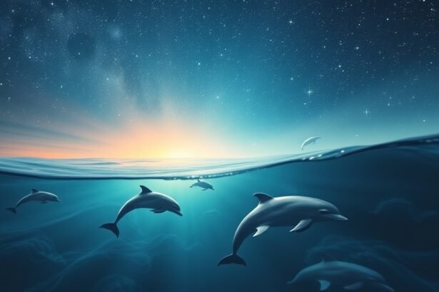 Delfini che nuotano in acque tranquille sotto le stelle