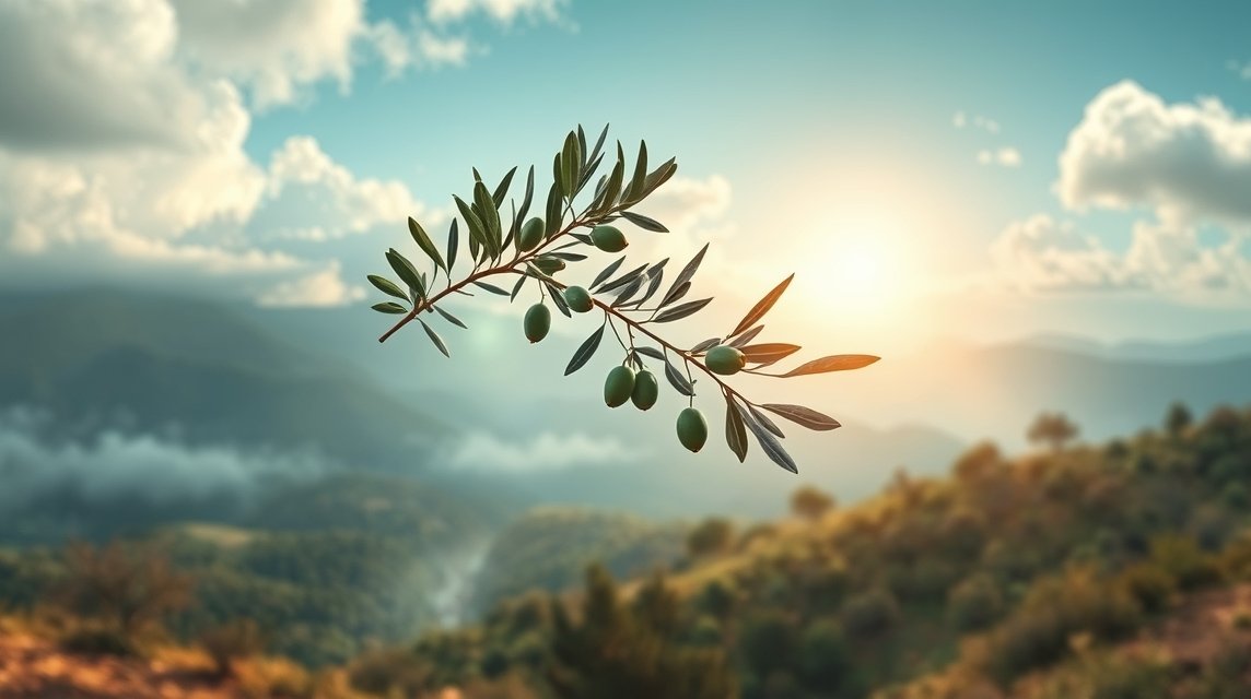 Ramo d'ulivo con frutti verdi in un paesaggio sereno