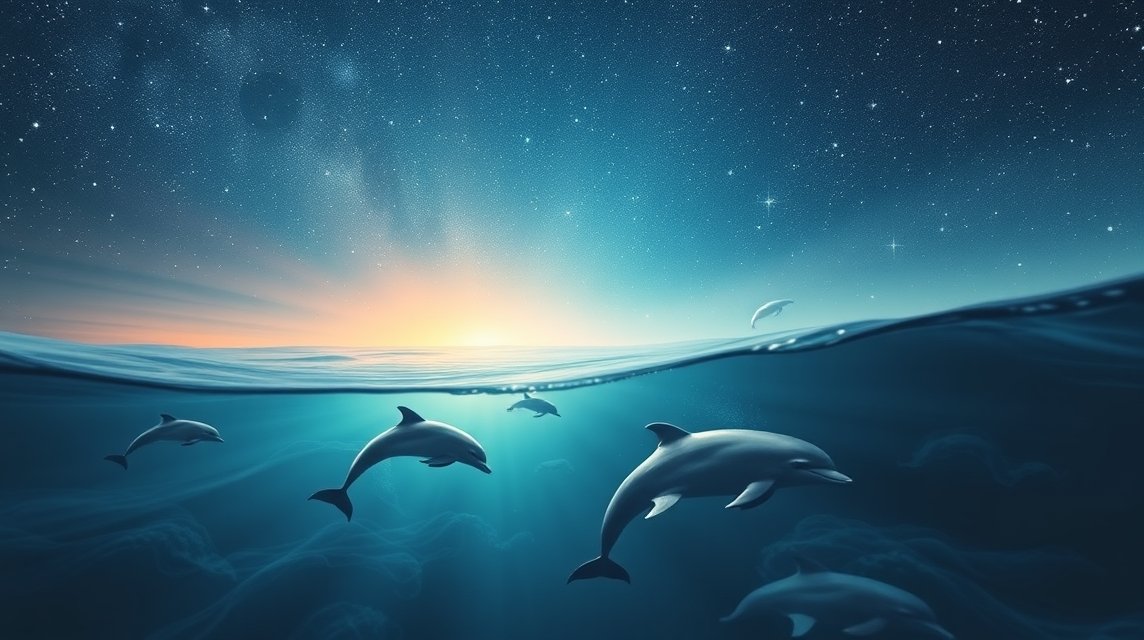 Delfini che nuotano in acque tranquille sotto le stelle